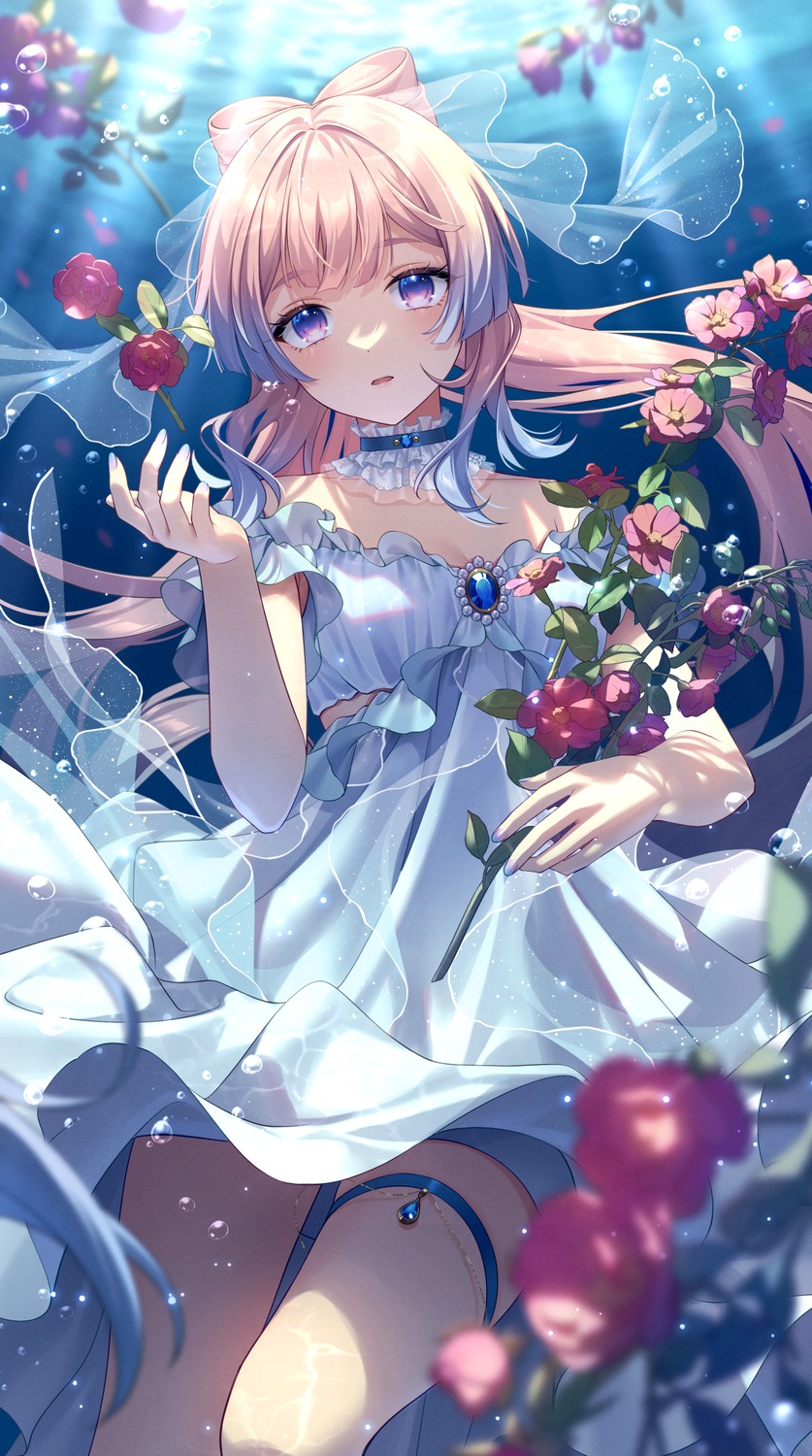 bshi_edayo, dress, garter, genshin_impact, sangonomiya_kokomi, skirt_lift