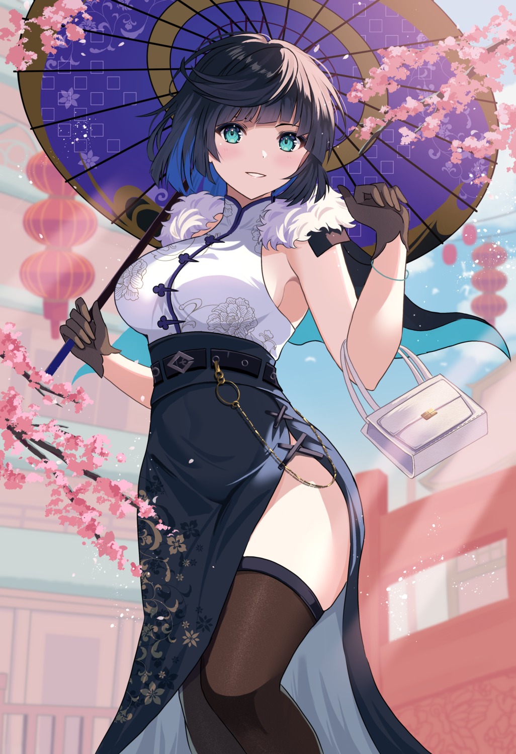 asian_clothes, genshin_impact, rererere_mon, thighhighs, umbrella, yelan