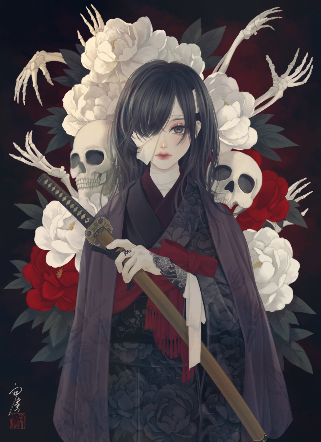 bandages, kimono, sword, tattoo, ushiyama_ame