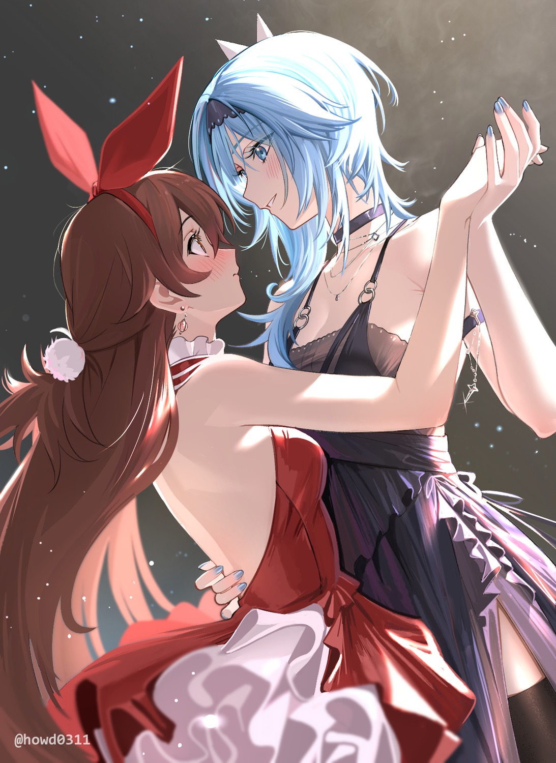 amber_(genshin_impact), dress, eula, genshin_impact, gou_d, no_bra, thighhighs, yuri