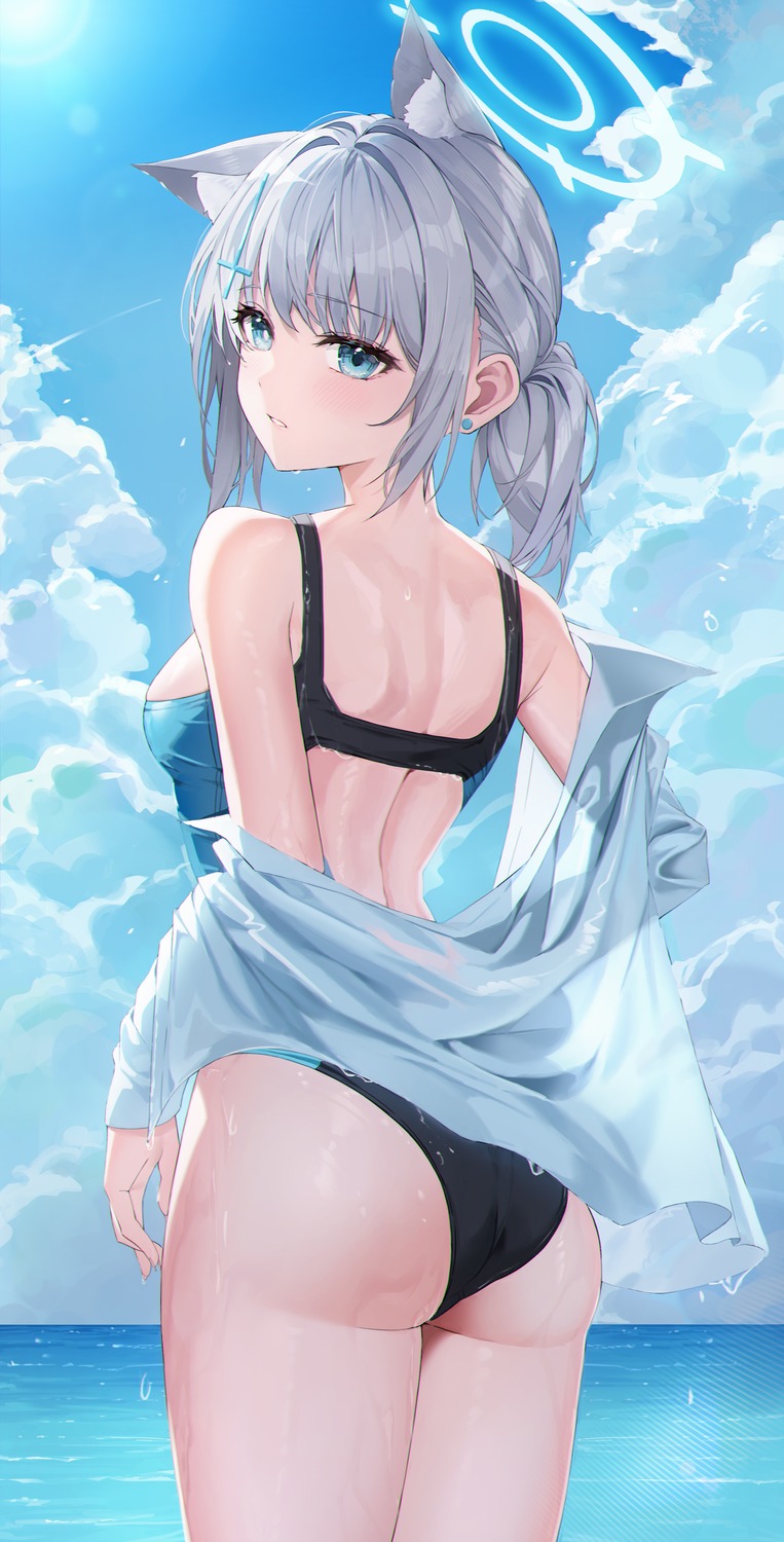 animal_ears, ass, blue_archive, dress_shirt, halo, k.j., nekomimi, sunaookami_shiroko, swimsuits, wet