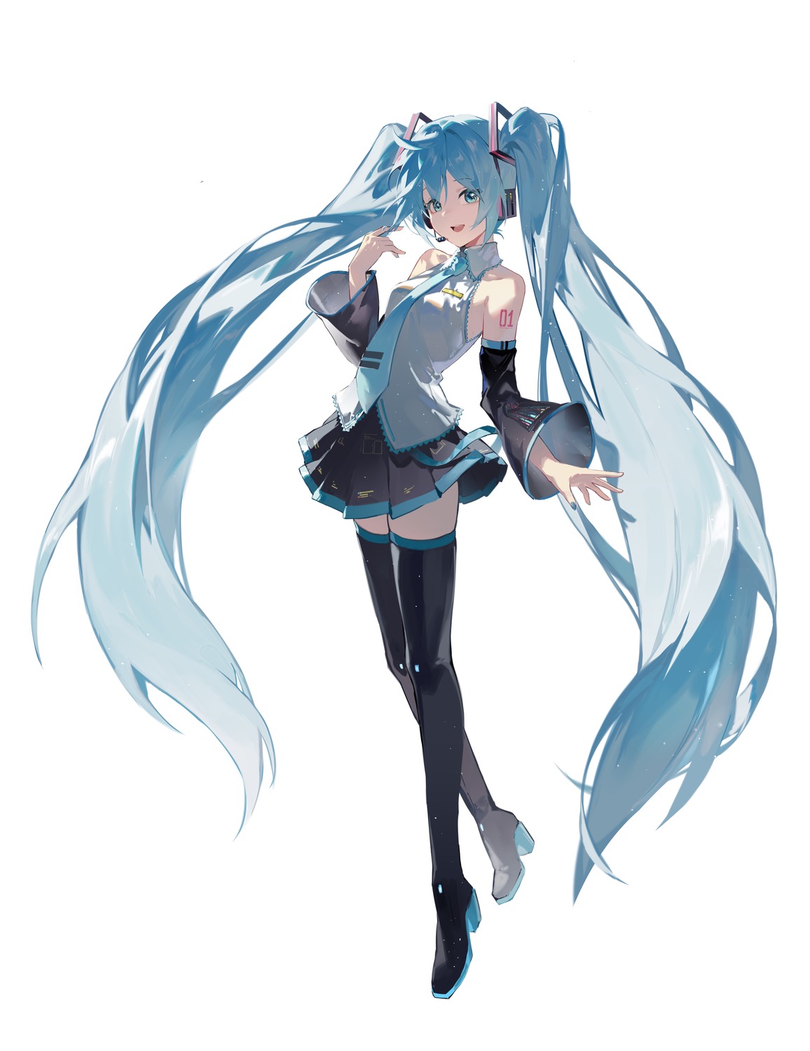 hatsune_miku, headphones, heels, jiuyesang, tattoo, thighhighs, vocaloid