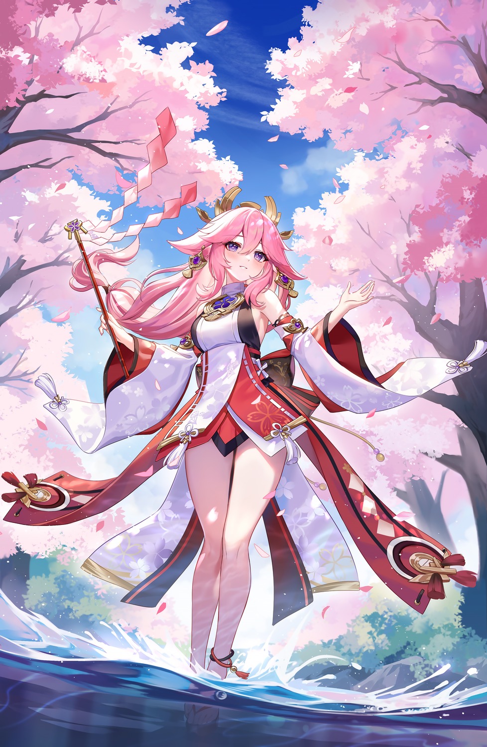 animal_ears, genshin_impact, kitsune, lalazyt, miko, no_bra, wet, yae_miko