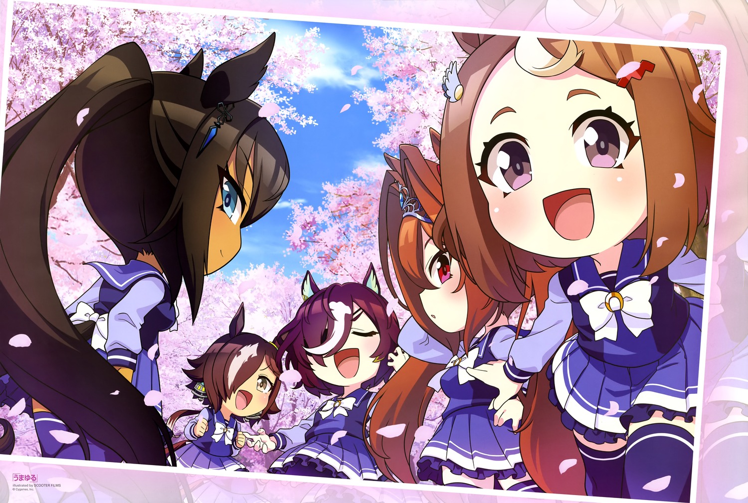 animal_ears, chibi, daiwa_scarlet_(umamusume), scooter_films, seifuku, symboli_kris_s_(umamusume), tail, tanino_gimlet_(umamusume), thighhighs, tsurumaru_tsuyoshi_(umamusume), uma_musume_pretty_derby, vodka_(umamusume)