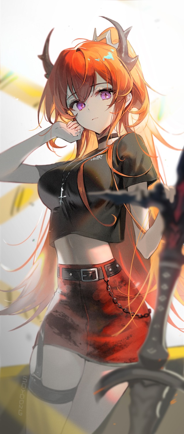 arknights, garter, horns, soyoong_jun, surtr_(arknights), sword