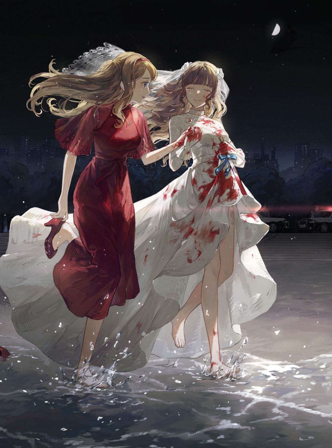 blood, dress, feet, heels, kotobuki_nashiko, weapon, wedding_dress, wet