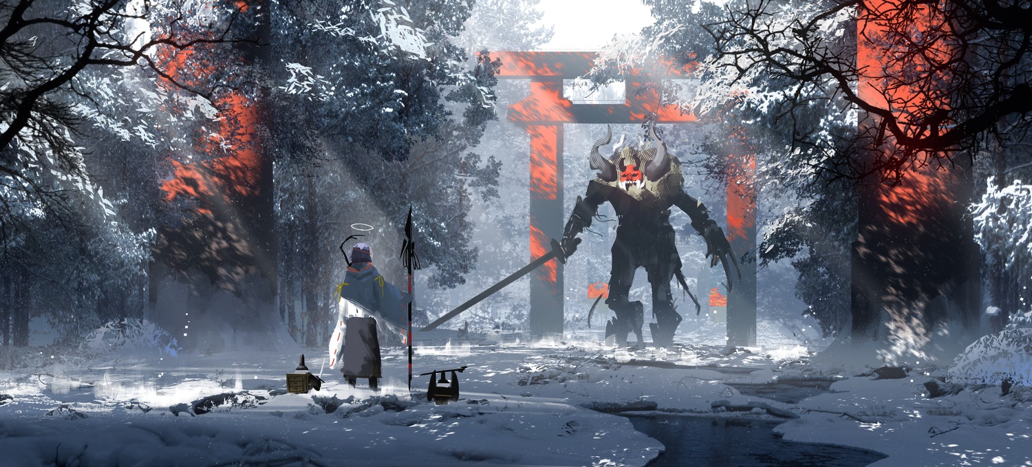 asteroid_ill, horns, japanese_clothes, landscape, monster, sclera_(asteroid_ill), weapon