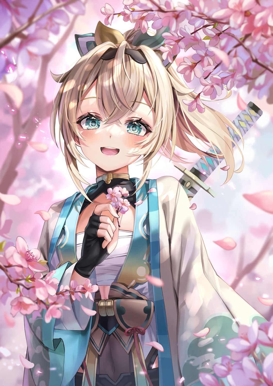 akami770, hololive, japanese_clothes, kazama_iroha, open_shirt, sarashi, sword