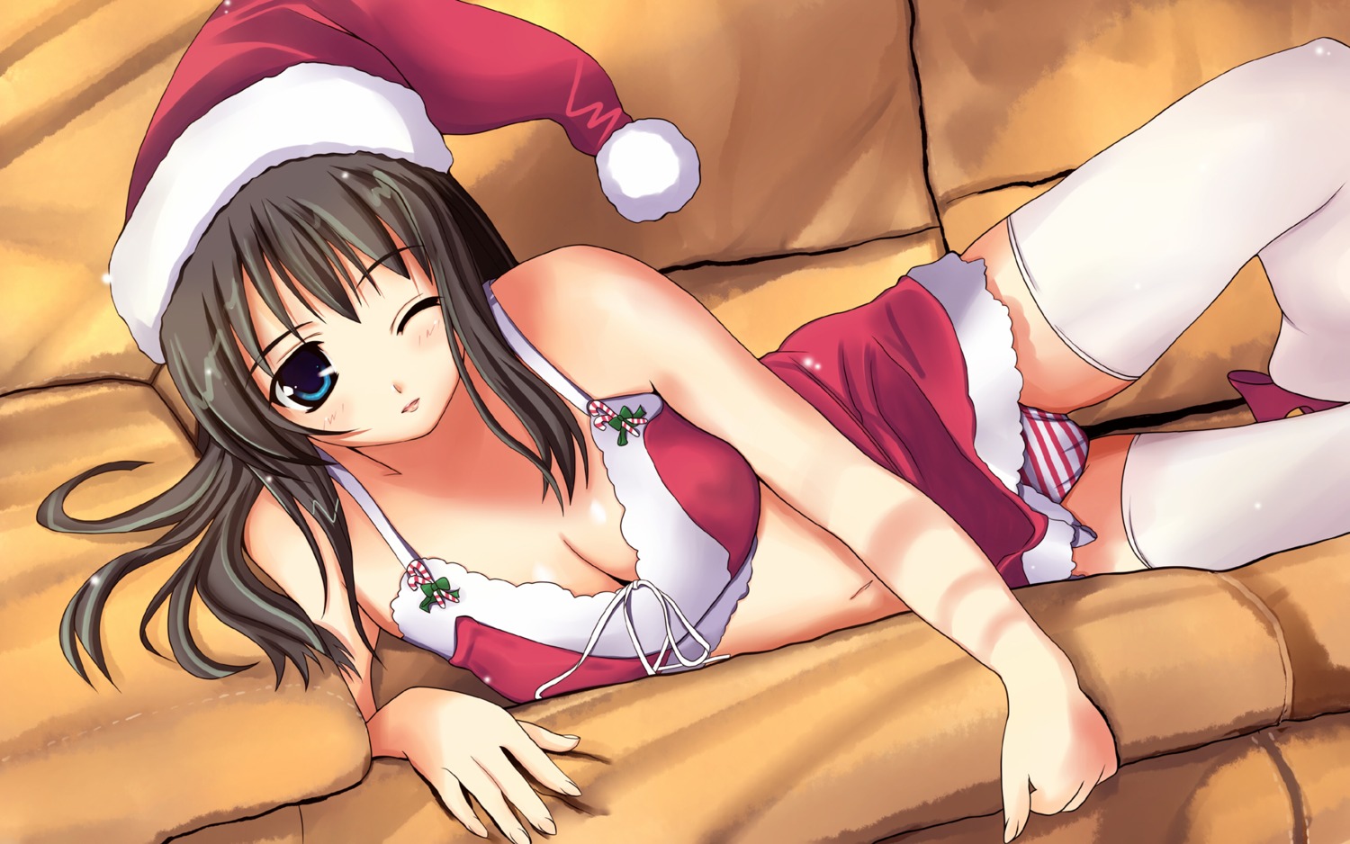 christmas, cleavage, pantsu, pettaka, shimapan, thighhighs, wallpaper