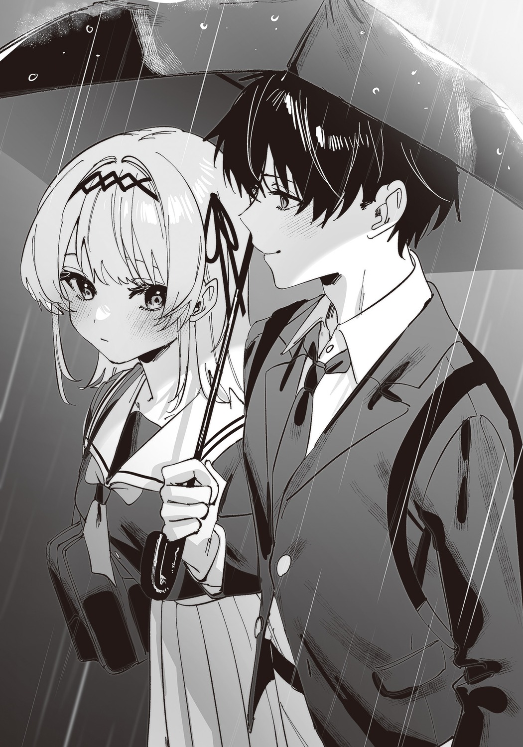 chigusa_minori, kamishiro_airi, kisunante_dekinaidesho?_to_chohatsu_suru_osananajimi_wo_wakara_sete_yattara_yosoijo_ni_dereta, monochrome, seifuku, umbrella