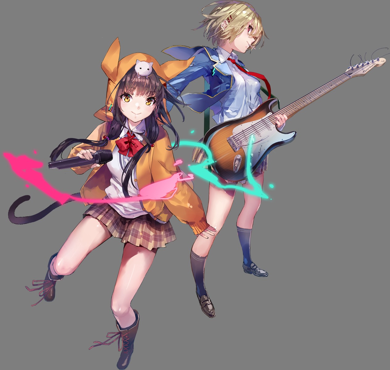 asakura_karen_(heaven_burns_red), guitar, heaven_burns_red, kayamori_ruka, key, seifuku, transparent_png, wfs