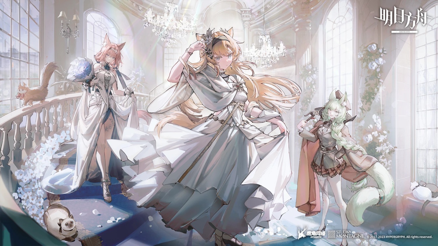 animal_ears, arknights, dress, garter, harmonie, heels, heidi_(arknights), horn_(arknights), neko, pantyhose, tagme, uniform, wallpaper, weapon