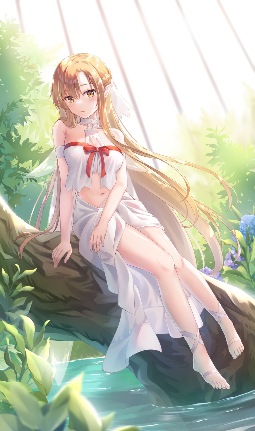 alfheim_online, asuna_(sword_art_online), asuna_(titania), cleavage, no_bra, pointy_ears, sebu_illust, sword_art_online