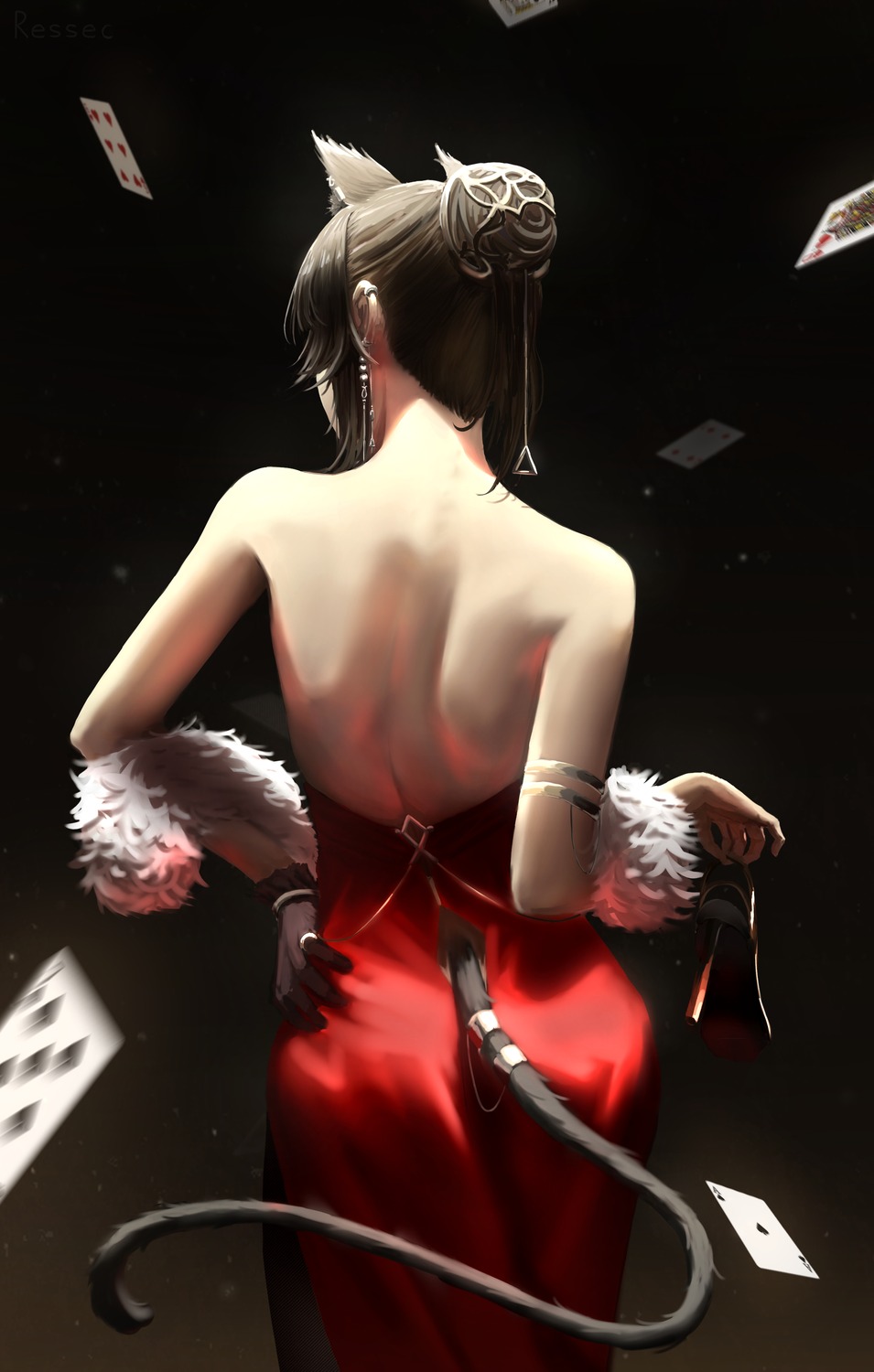 animal_ears, arknights, ass, dress, heels, nekomimi, no_bra, ressec