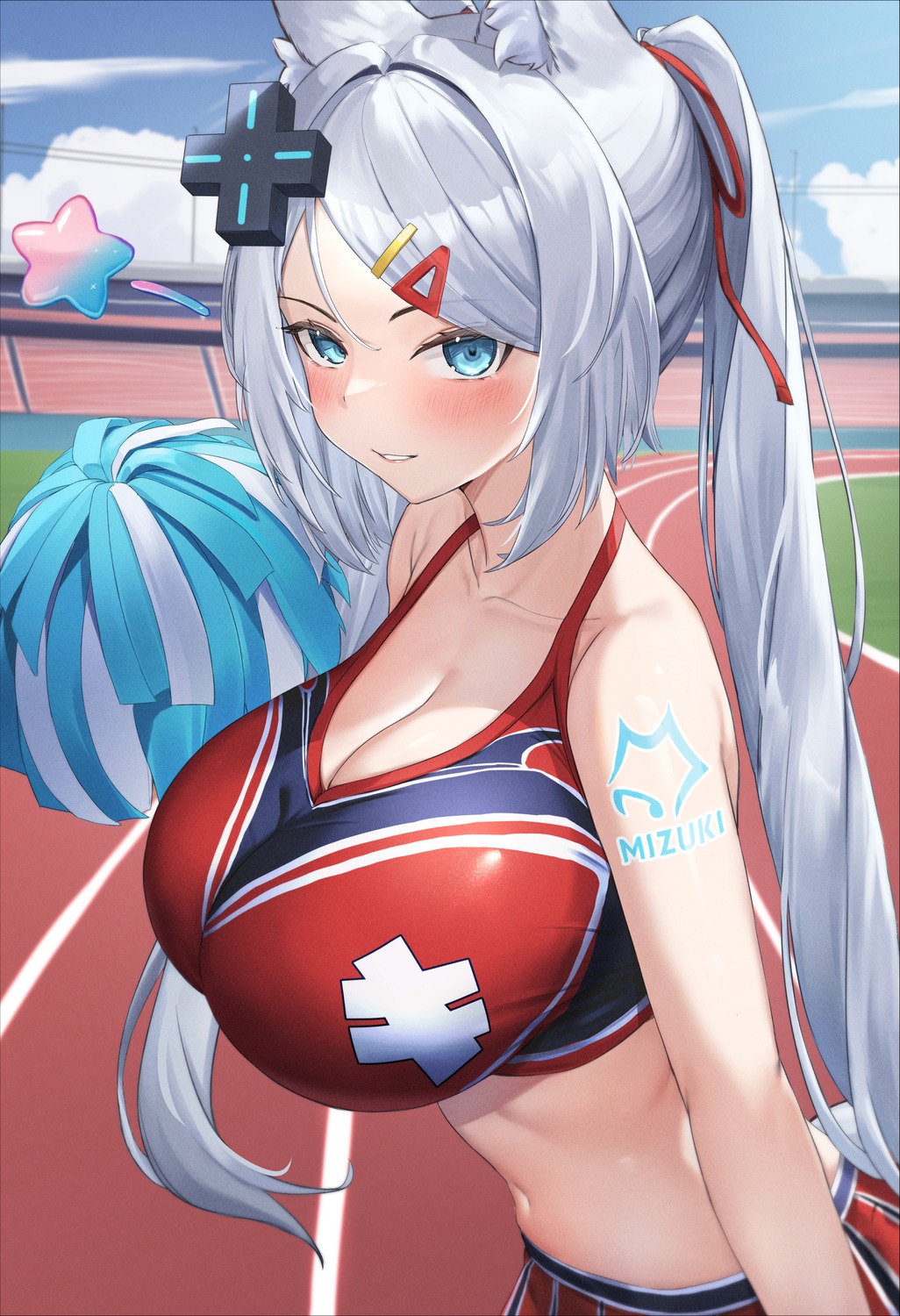 animal_ears, cheerleader, cleavage, indie_virtual_youtuber, oukafafafa, tattoo