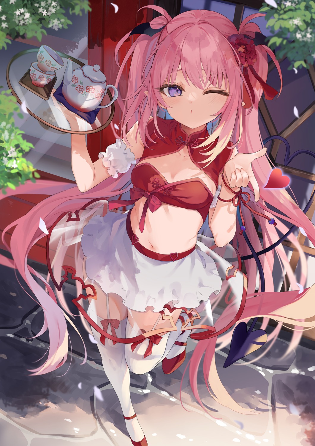 hippeastrum_hybridum, pointy_ears, see_through, stockings, tail, tamano_kedama, thighhighs, waitress