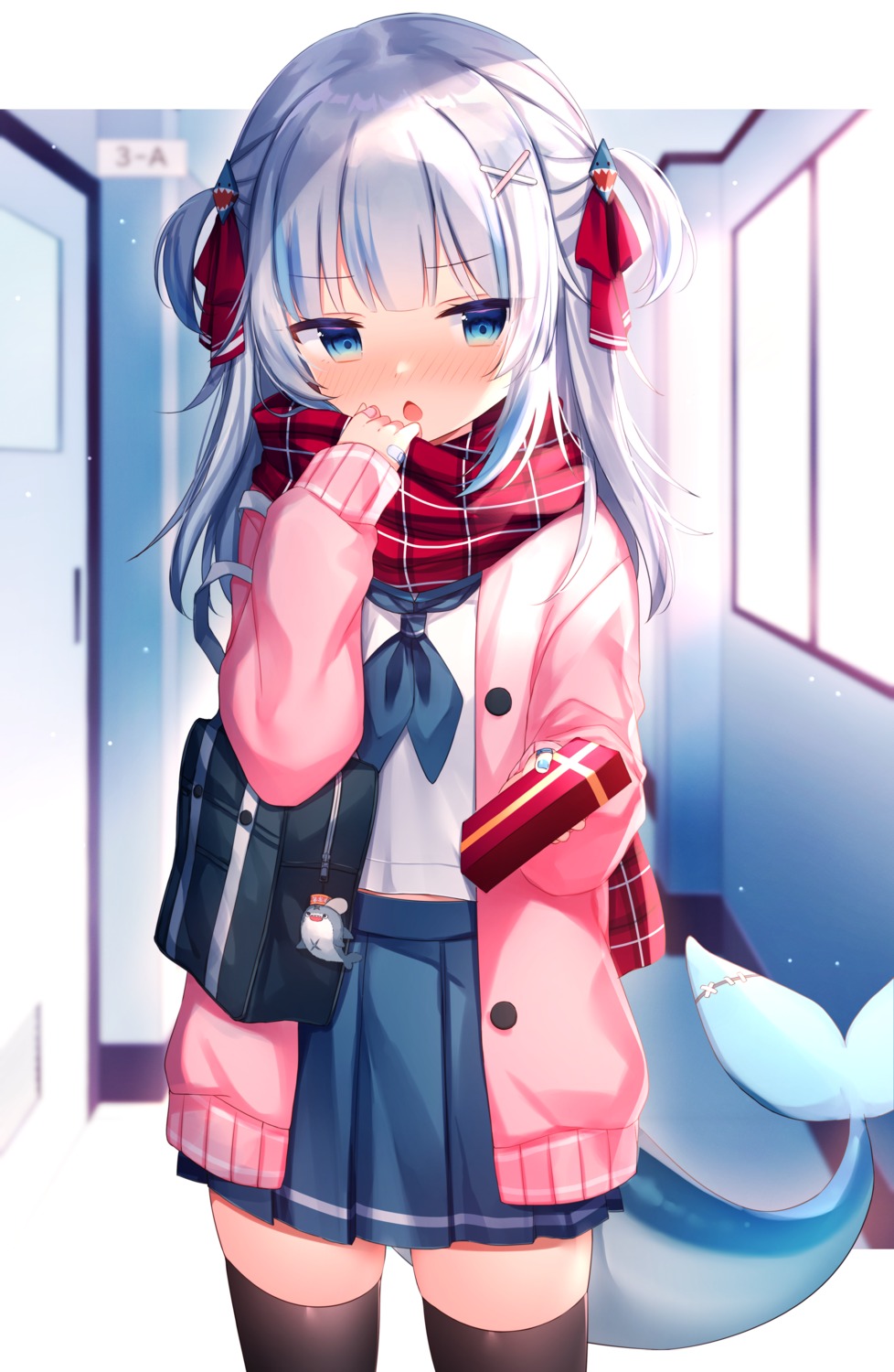 gawr_gura, hololive, hololive_english, seifuku, shouu-kun, sweater, tail, thighhighs