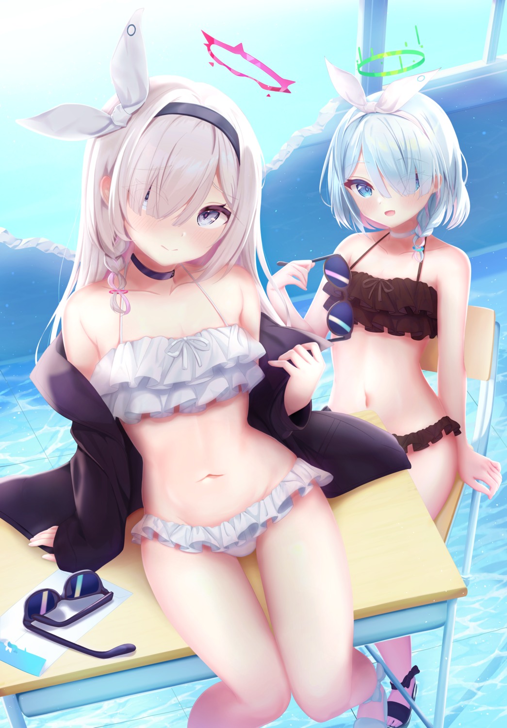 arashiomoto, arona_(blue_archive), bikini, blue_archive, halo, megane, open_shirt, plana_(blue_archive)