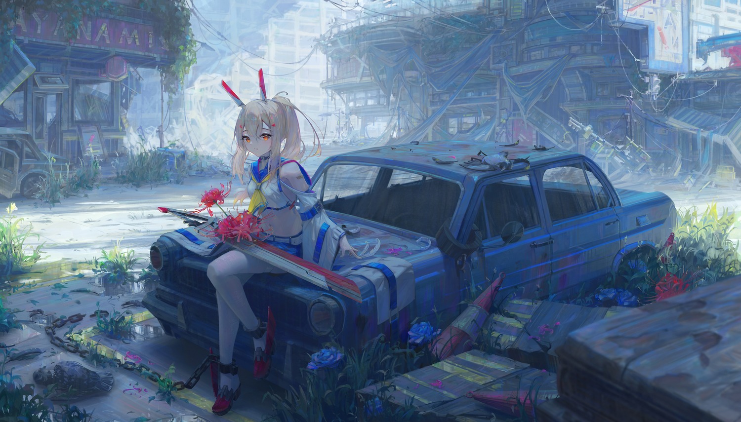ayanami_(azur_lane), azur_lane, bandaid, naycot, seifuku, sword, thighhighs