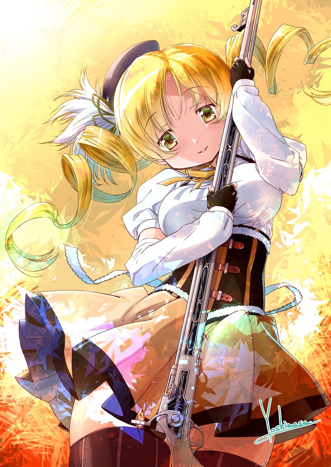 gun, mahou_shoujo_madoka_magica, thighhighs, tomoe_mami, yoshinaga_masahiro