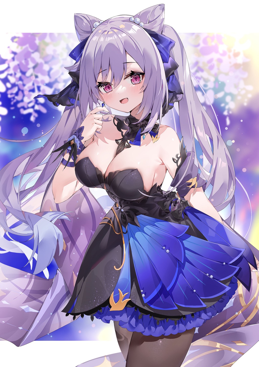 dress, genshin_impact, keqing, no_bra, pantyhose, yuia