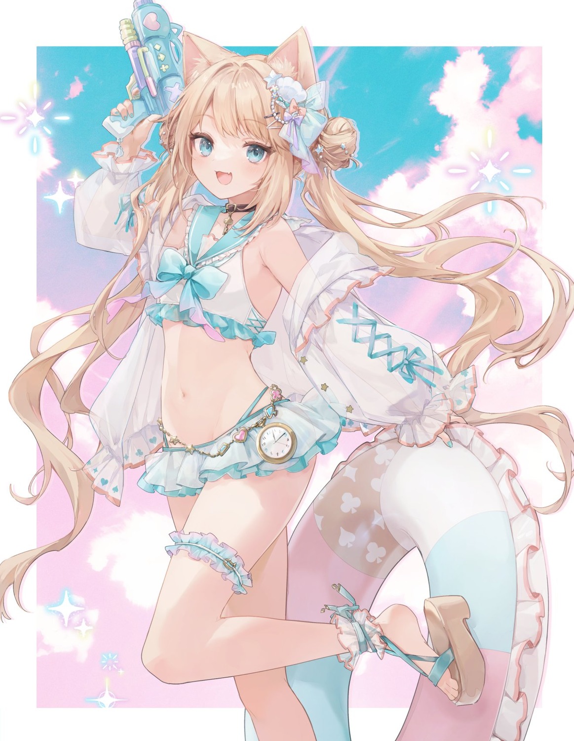 animal_ears, bikini, garter, gun, open_shirt, see_through, swimsuits, ukishizumi