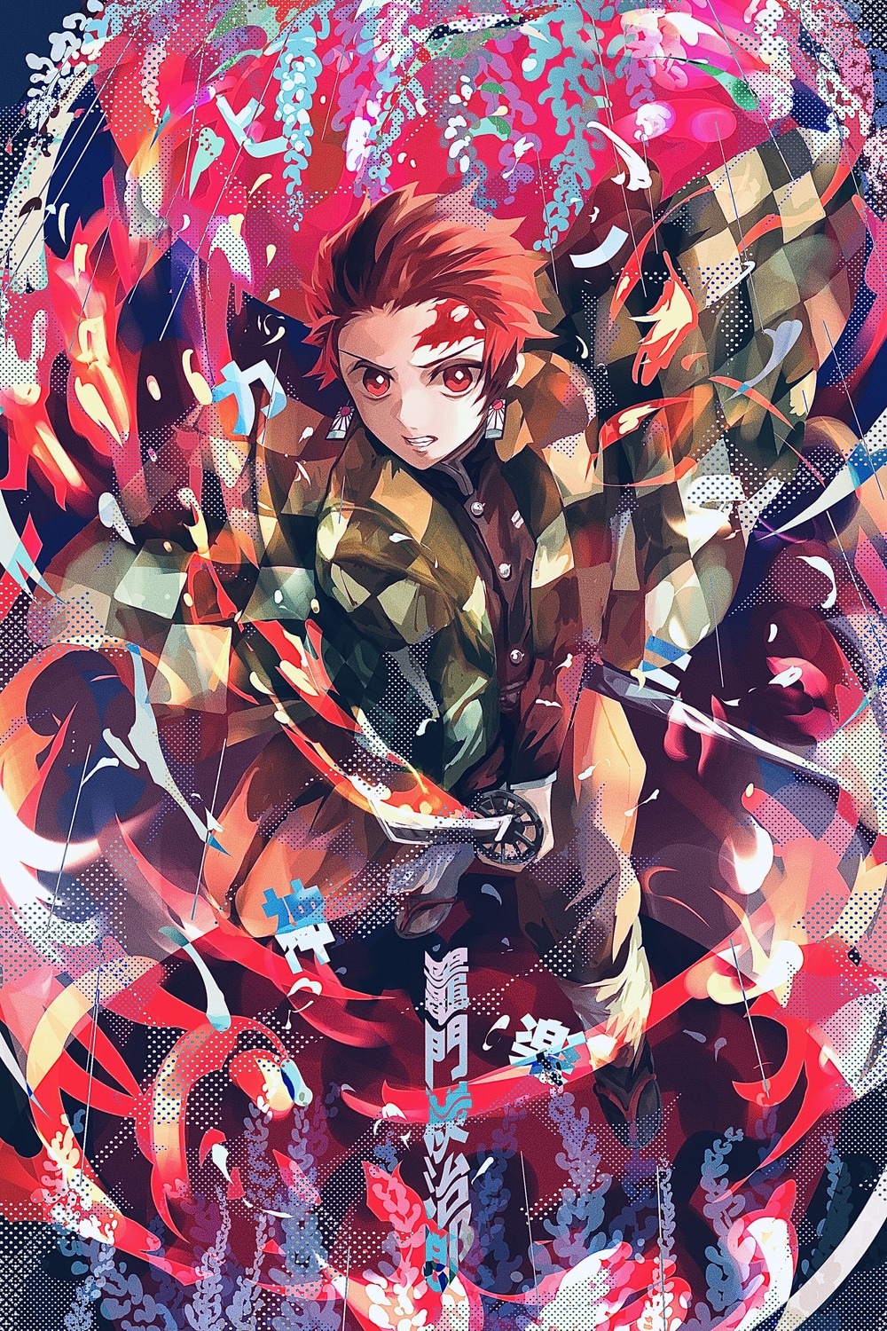 honmou_(pixiv64700875), kamado_tanjirou, kimetsu_no_yaiba, male, sword, tattoo, uniform
