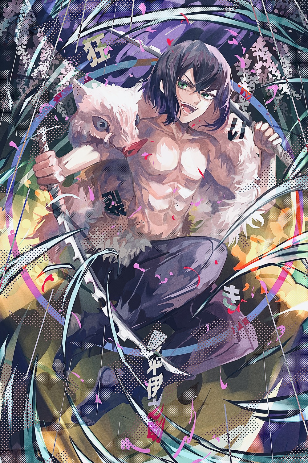 hashibira_inosuke, honmou_(pixiv64700875), kimetsu_no_yaiba, male, sword, topless, uniform