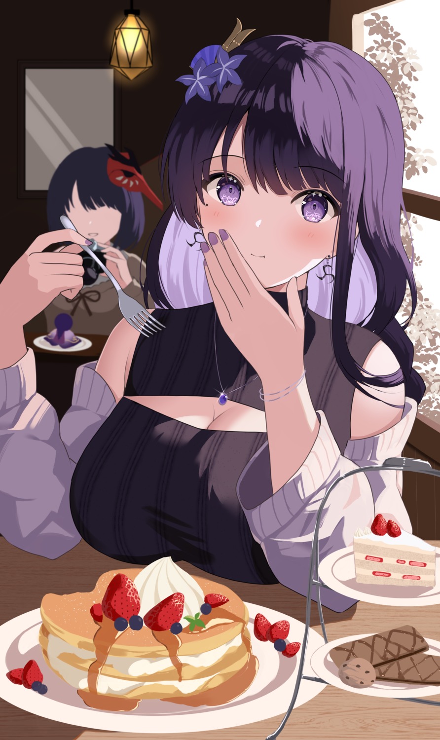 cleavage, genshin_impact, kujou_sara, raiden_shogun, rererere_mon, sweater