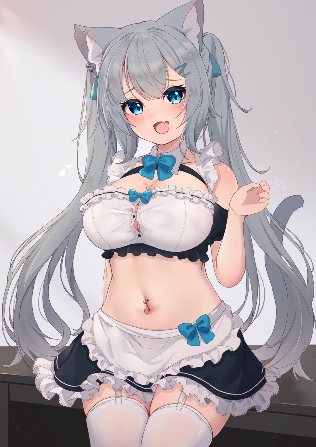 animal_ears, hinata_(pixiv53862745), maid, nekomimi, no_bra, stockings, tail, thighhighs