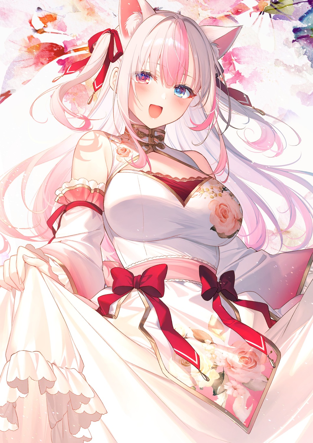 animal_ears, asian_clothes, heterochromia, kurokiri_aria, nekomimi, plivyou, skirt_lift, toosaka_asagi