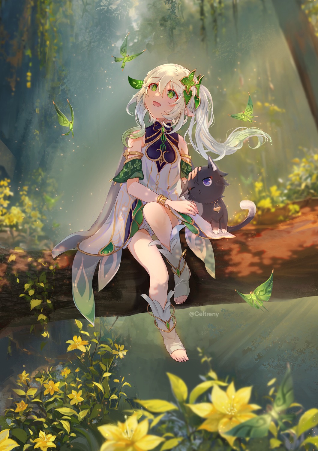 bloomers, celtreny, dress, genshin_impact, nahida, neko, pointy_ears, skirt_lift