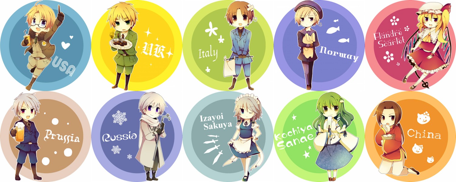 america, canada, china, crossover, flandre_scarlet, hetalia_axis_powers, izayoi_sakuya, kochiya_sanae