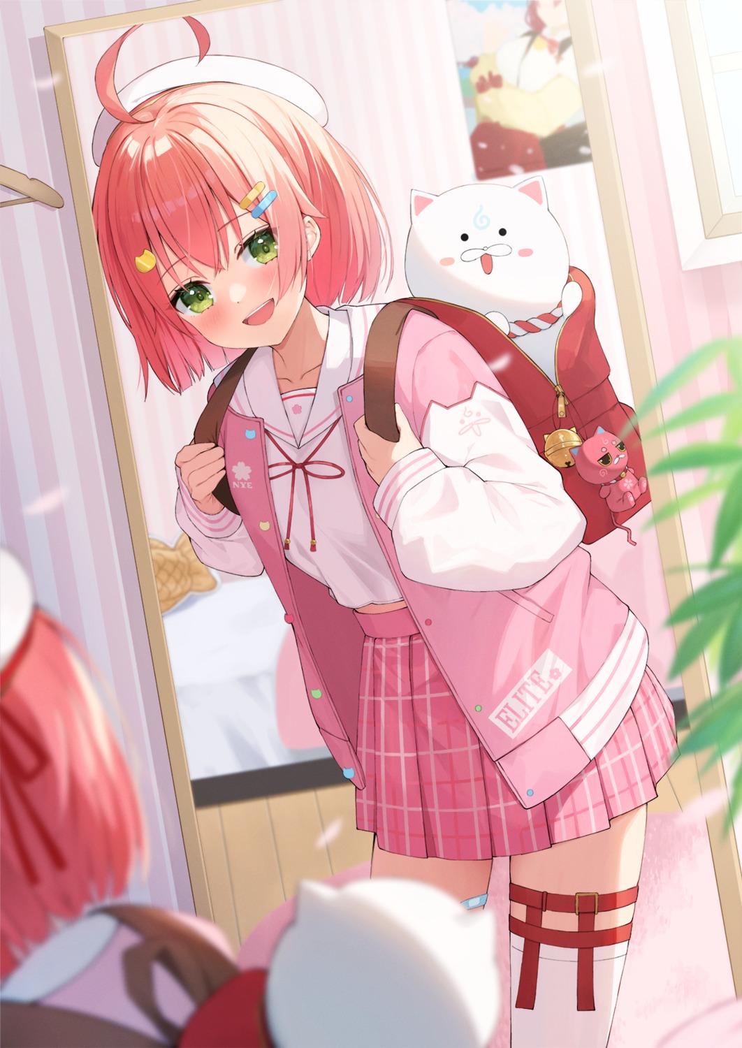 bandaid, garter, hololive, mirai_(mirai76_), sakura_miko, seifuku, stockings, thighhighs