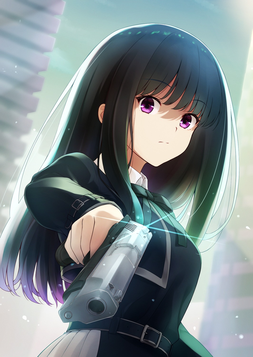 gun, inoue_takina, lycoris_recoil, seifuku, tohoho_(hoshinoyami)