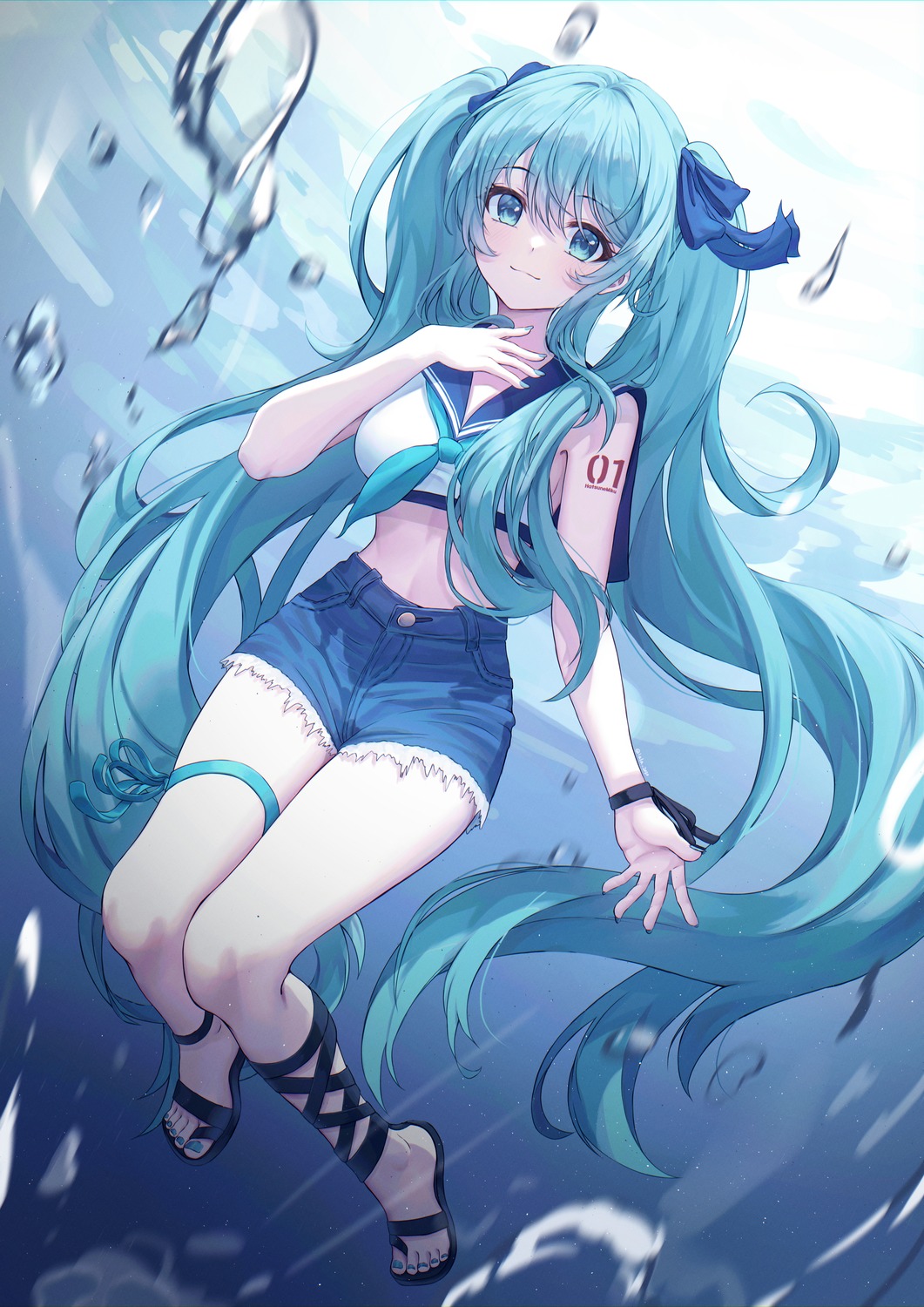 garter, hatsune_miku, lala_(pixiv_42039091), seifuku, tattoo, torn_clothes, vocaloid