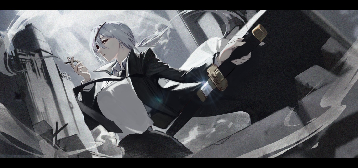 business_suit, chainsaw_man, eyepatch, quanxi_(chainsaw_man), sep, smoking, sword