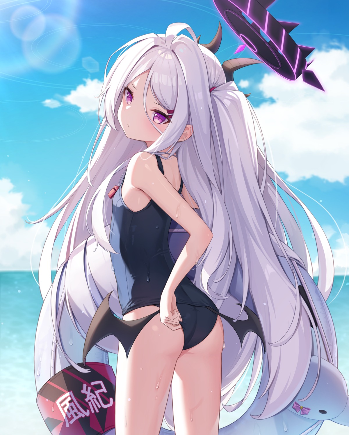 ass, blue_archive, devil, halo, halonakoma9, horns, school_swimsuit, sorasaki_hina, swimsuits, wings