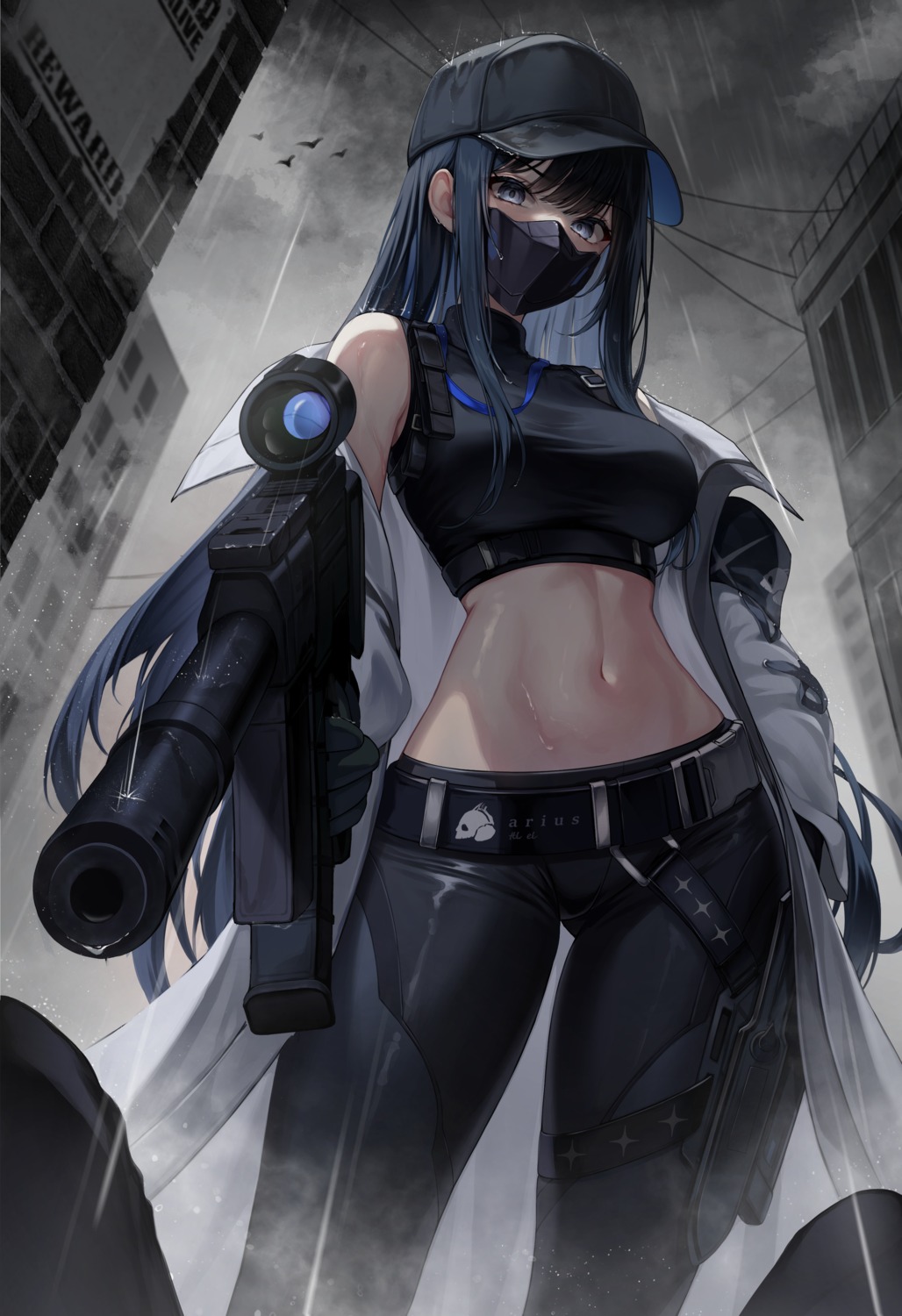 blue_archive, garter, gun, joumae_saori, kuca_(ku_ca18), wet