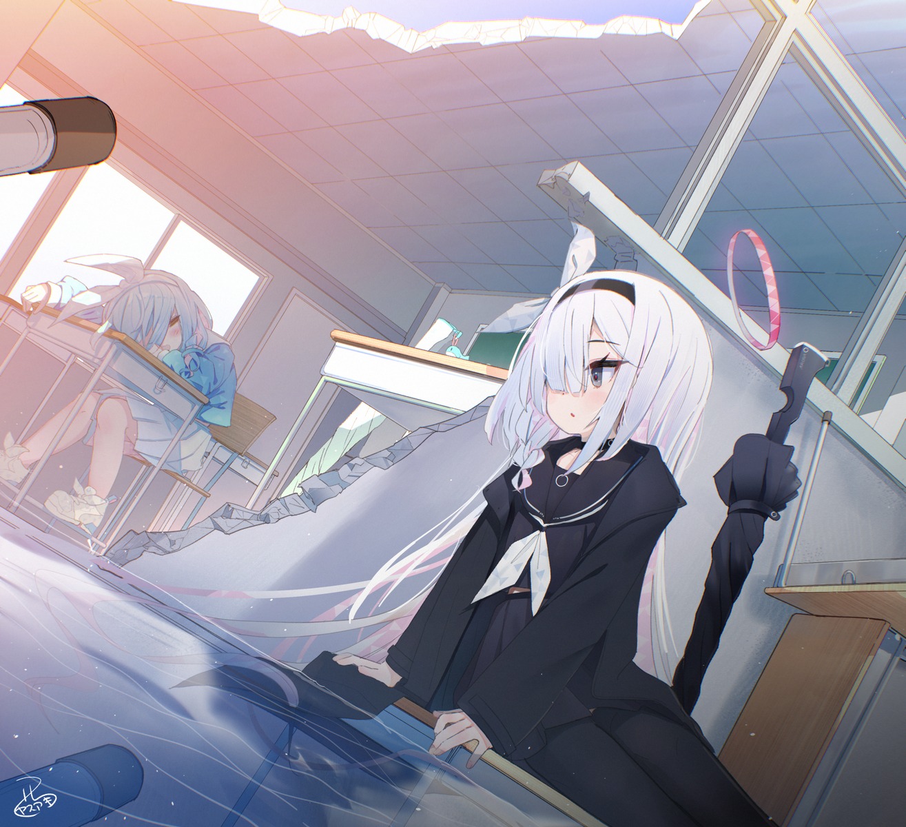 arona_(blue_archive), blue_archive, gun, halo, nishi_yasuaki, pantyhose, plana_(blue_archive), seifuku