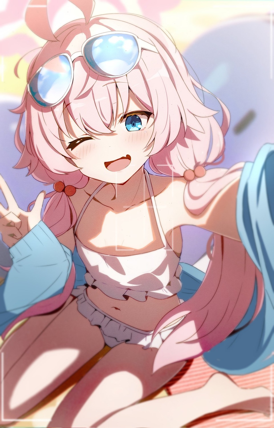 bikini, blue_archive, halo, liyom, megane, open_shirt, selfie, swimsuits