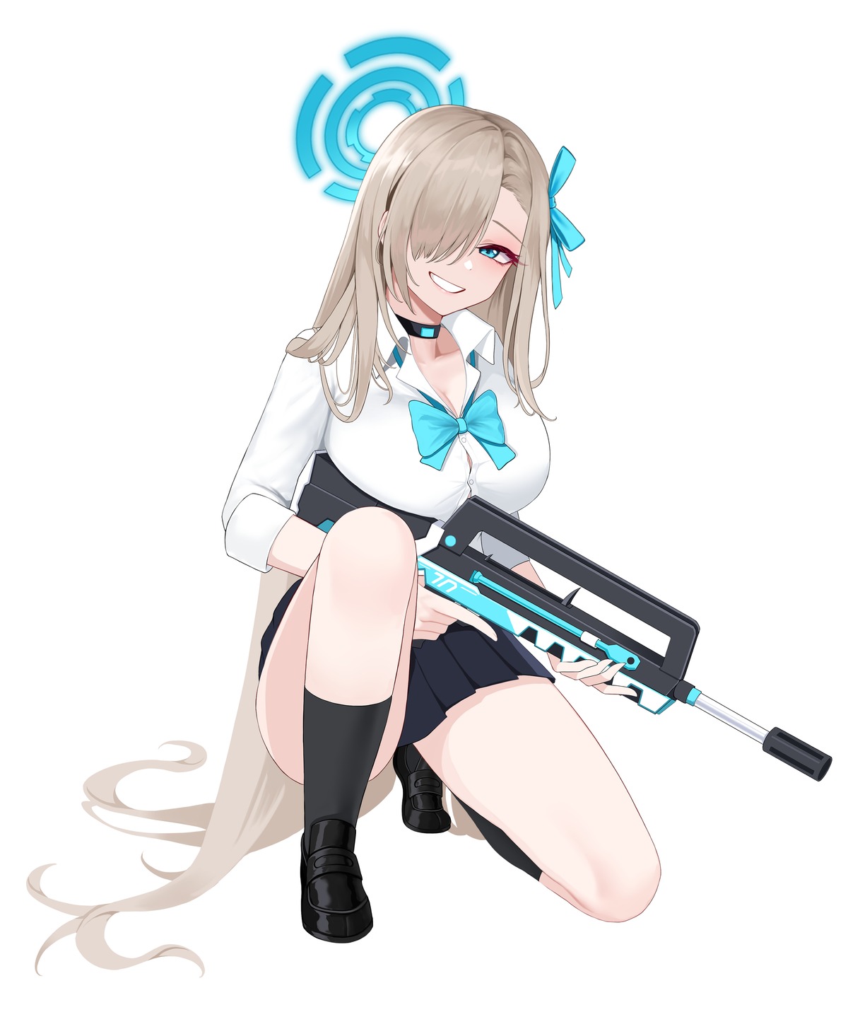 82jhin, blue_archive, cleavage, gun, halo, ichinose_asuna, open_shirt, seifuku, skirt_lift