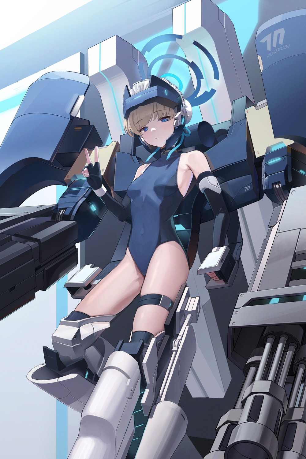 asuma_toki, blue_archive, garter, hallo_(rltkdydrltk), halo, mecha, swimsuits, thighhighs