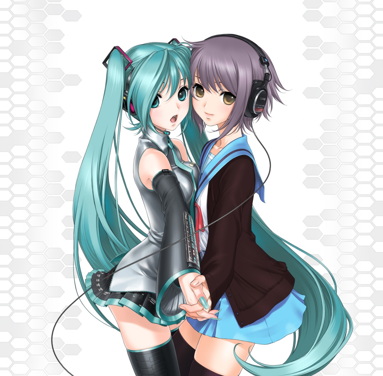 crossover, hatsune_miku, headphones, nagato_yuki, sano_toshihide, seifuku, suzumiya_haruhi_no_yuuutsu, symmetrical_docking