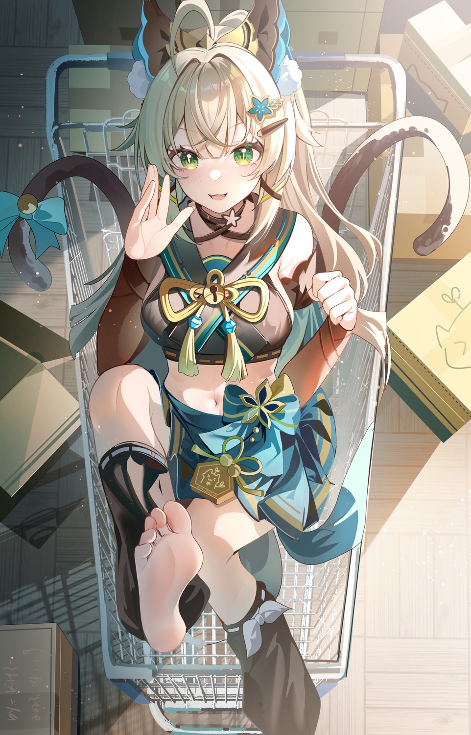 animal_ears, feet, genshin_impact, japanese_clothes, kirara_(genshin_impact), miaogujun, tail