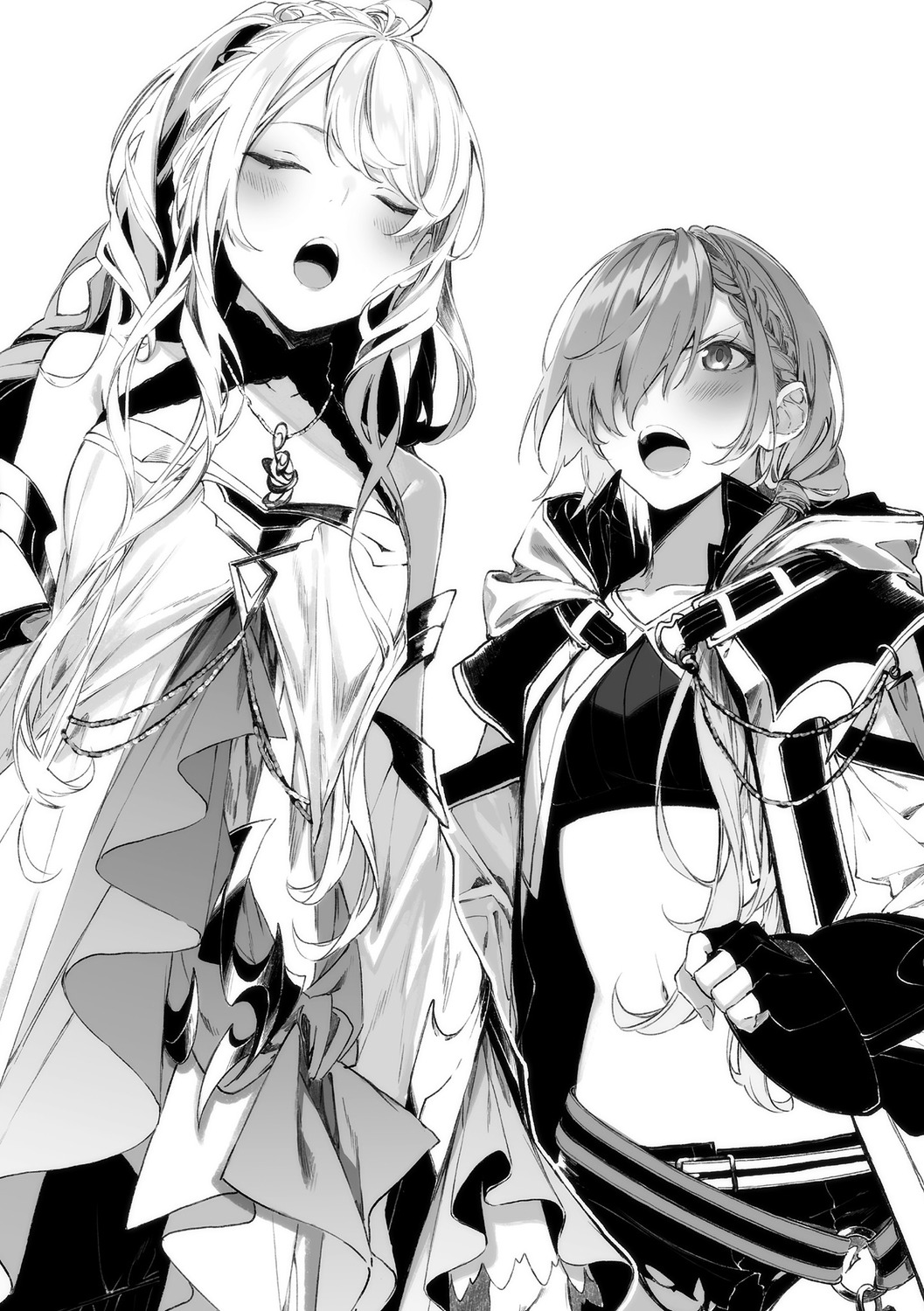 dress, isekai_de_cheat_skill_wo_te_ni_shita_ore_wa_genjitsu_sekai_wo_mo_musou_suru, kuwashima_rein, lexia_von_alceria, luna_(iseleve), monochrome, torn_clothes