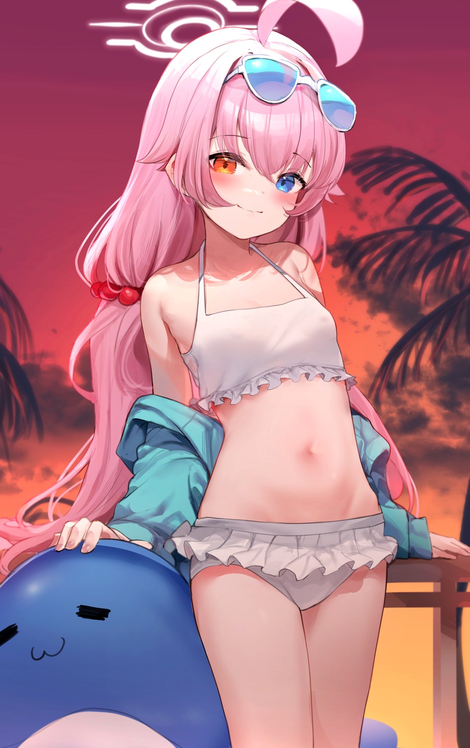 bikini, blue_archive, halo, heterochromia, megane, open_shirt, somray, swimsuits