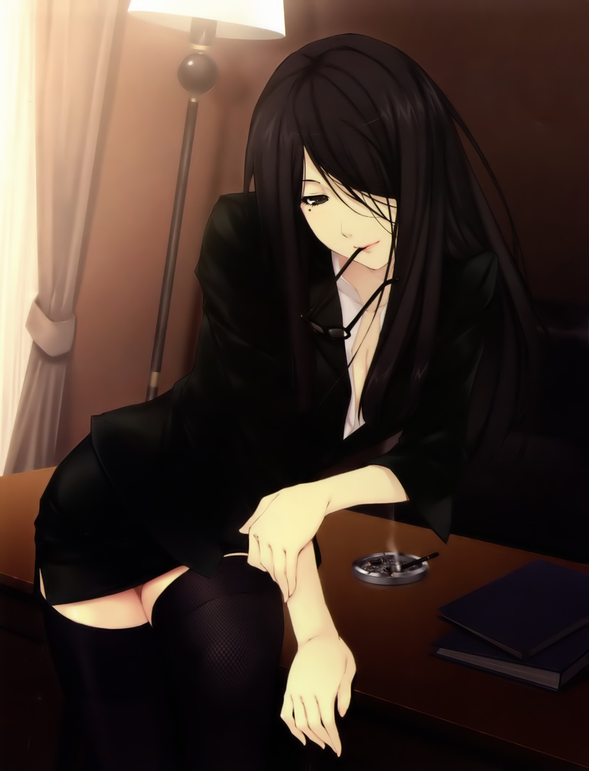 business_suit, caucasus, innocent_grey, megane, minakami_narumi, no_bra, smoking, stockings, sugina_miki, thighhighs