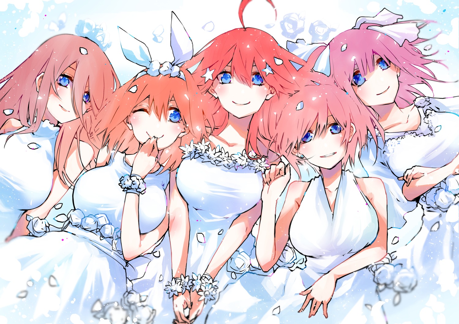 5-toubun_no_hanayome, dress, naitou_marcey, nakano_ichika, nakano_itsuki, nakano_miku, nakano_nino, nakano_yotsuba