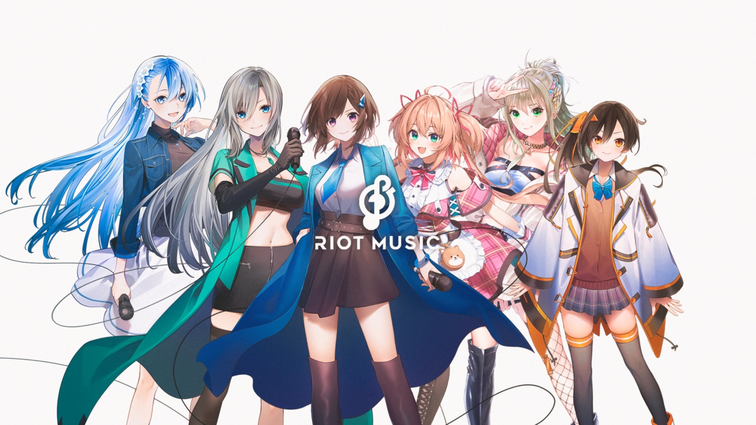 anko_asakura, cleavage, cocoa_domyoji, fishnets, iori_matsunaga, miona_sumeragi, no_bra, riot_music